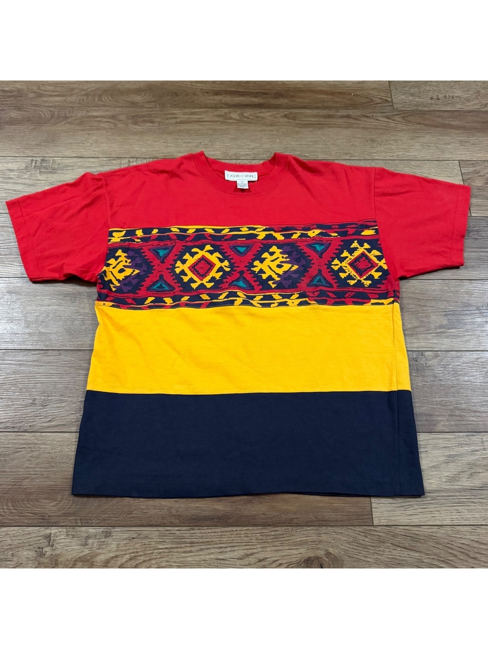 Vtg 90s Casual Corner Colorblock Tribal Geometric Tee L